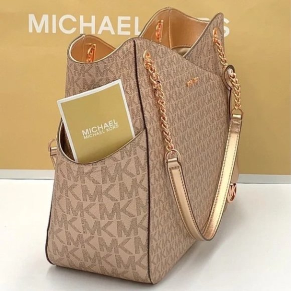 Michael Kors Handbags - MICHAEL KORS LARGE X CHAIN SHOULDER TOTE BAG ROSE GOLD COLOR SIGNATURE